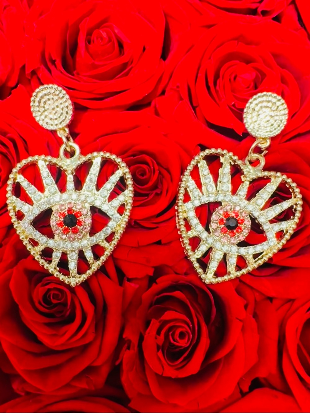 Gold Rhinestone Evil Eye Heart Statement Earrings | Red Crystal | Boho Glam